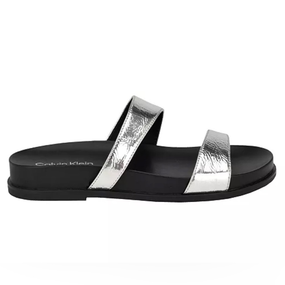 Calvin Klein Silver and Black Double Strap Slide Sandals - Picture 2 of 10